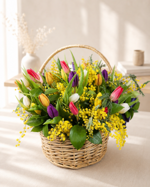 Basket of mimosa and tulips
