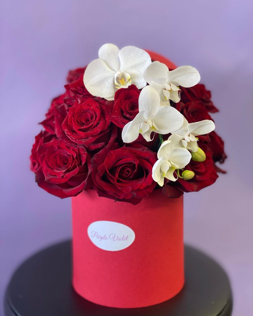 red roses box with orchid (small) Purple Violet