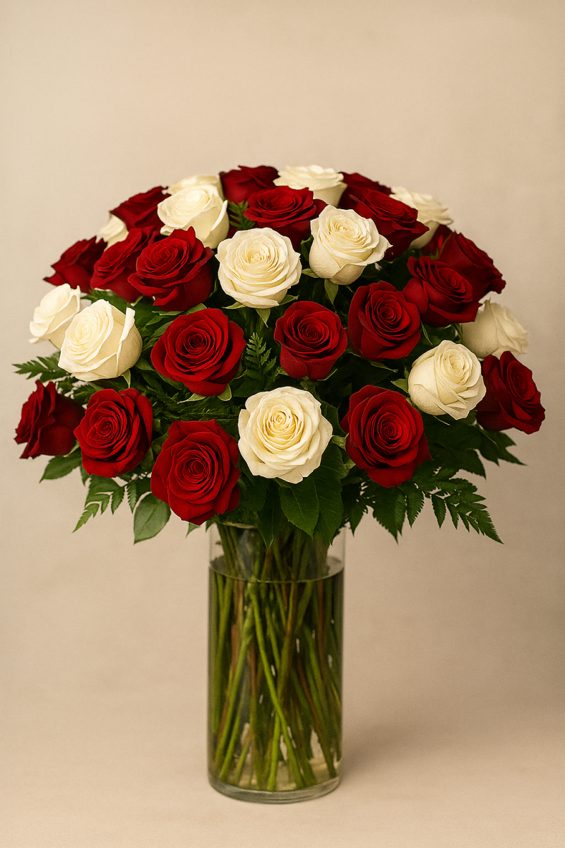 White and red 50 roses in Glass Vase