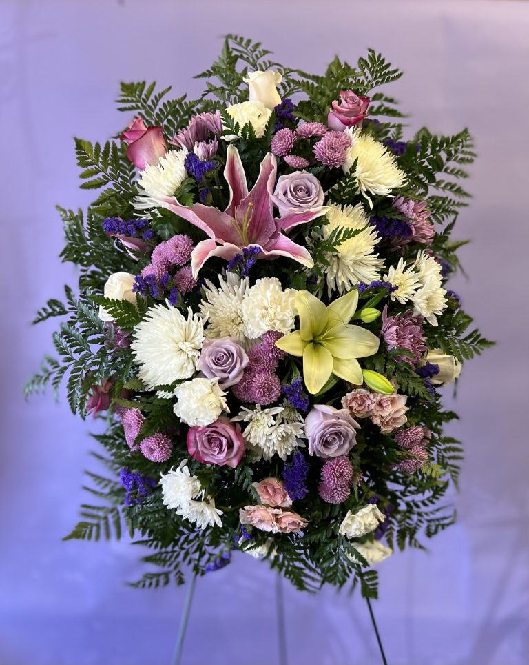White, purple and pink funeral spray – Purple Violet
